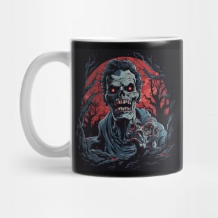 scary zombie with red eyes and red moon in background,halloween design Mug